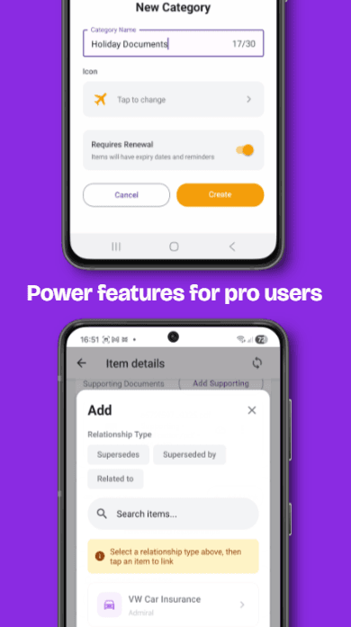 DocuStash power features - custom categories and item relationships for pro users